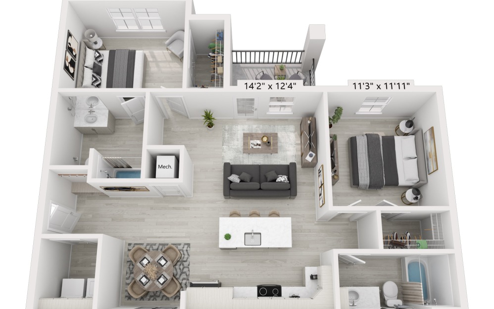 B3 - 2 bedroom floorplan layout with 2 bathrooms and 1130 square feet