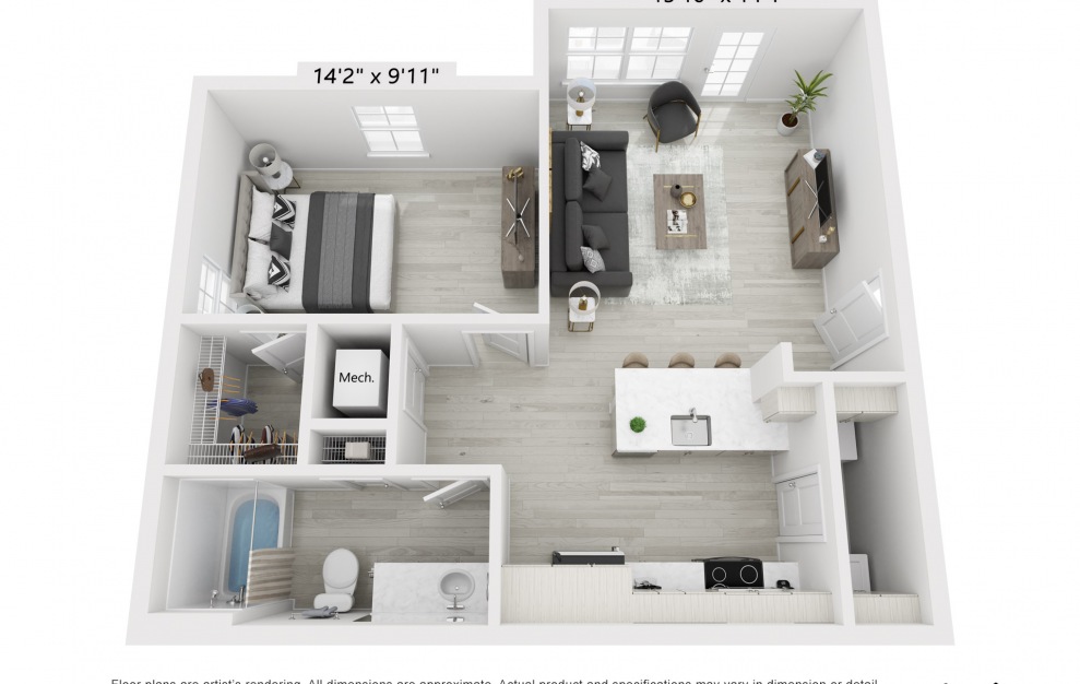 A1 - 1 bedroom floorplan layout with 1 bath and 769 square feet.