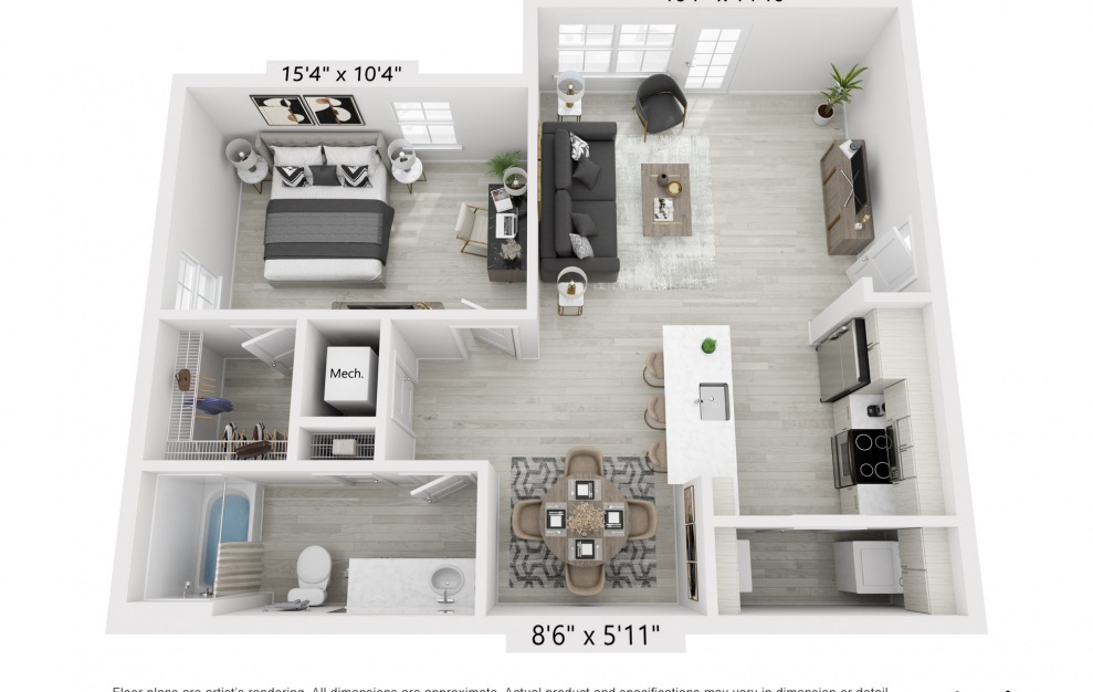 A3 - 1 bedroom floorplan layout with 1 bath and 847 square feet.