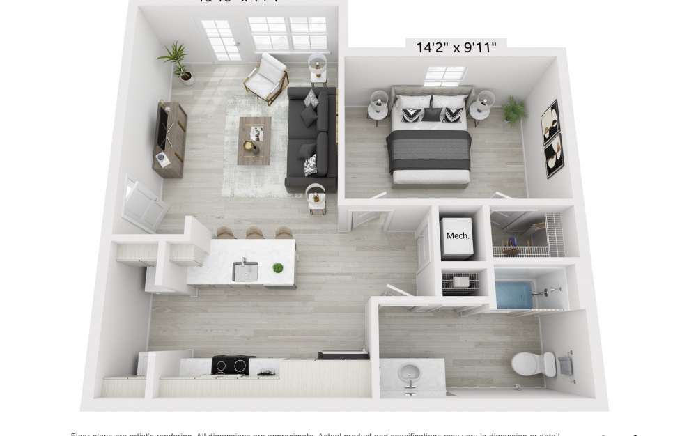 A2 - 1 bedroom floorplan layout with 1 bath and 769 square feet.