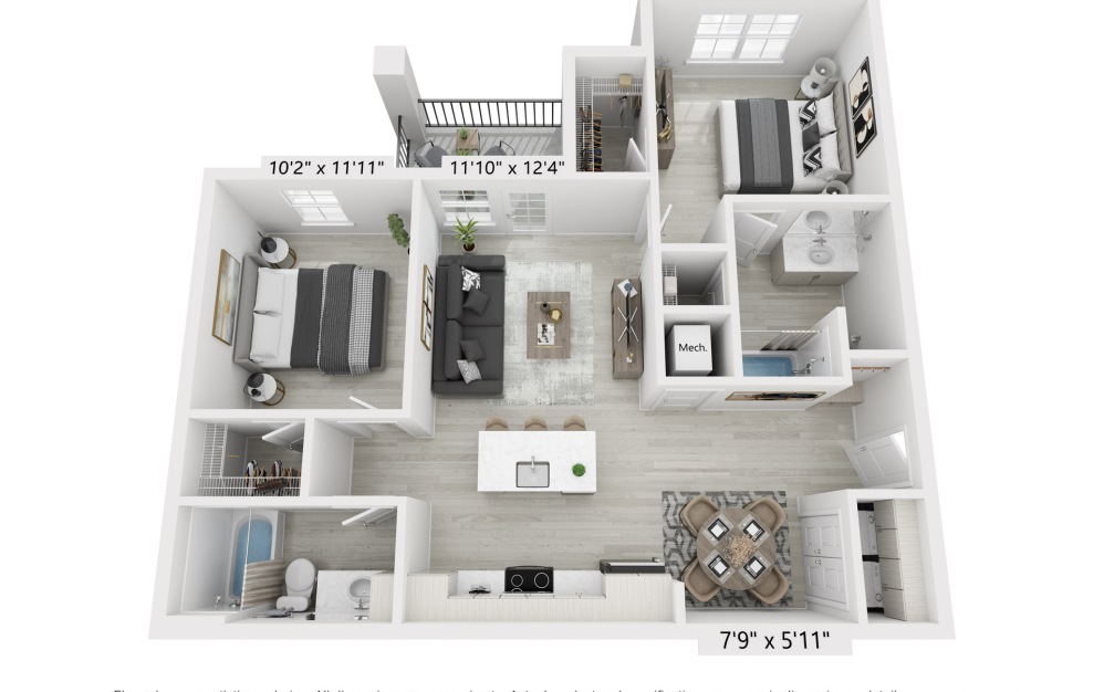 B1 - 2 bedroom floorplan layout with 2 bathrooms and 1010 square feet