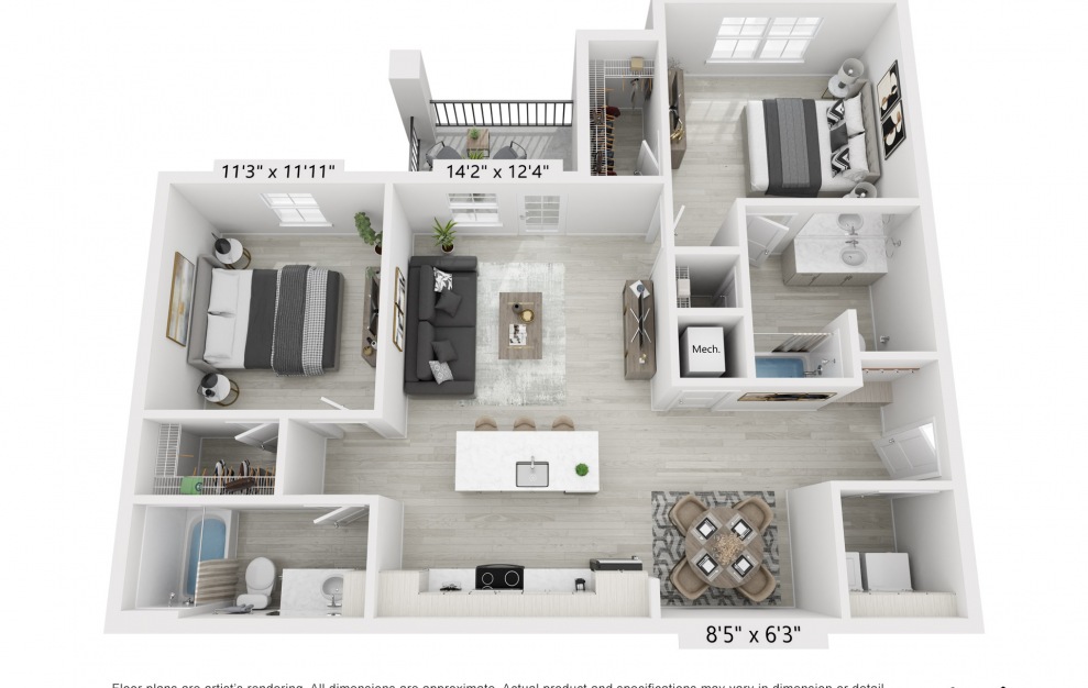 B2 - 2 bedroom floorplan layout with 2 baths and 1130 square feet.