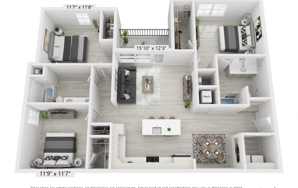 C1 - 3 bedroom floorplan layout with 2 baths and 1385 square feet.